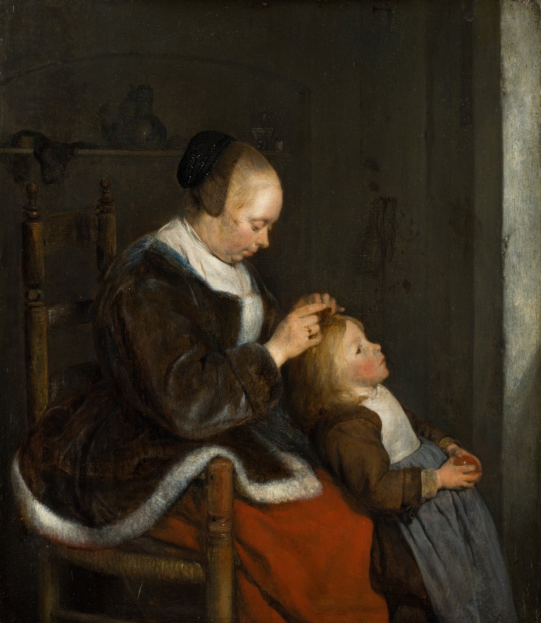 Äiti kampaava lasten hiuksia, joka tunnetaan nimellä Täiden metsästys, n. 1652-1653 tekijältä Gerard ter Borch