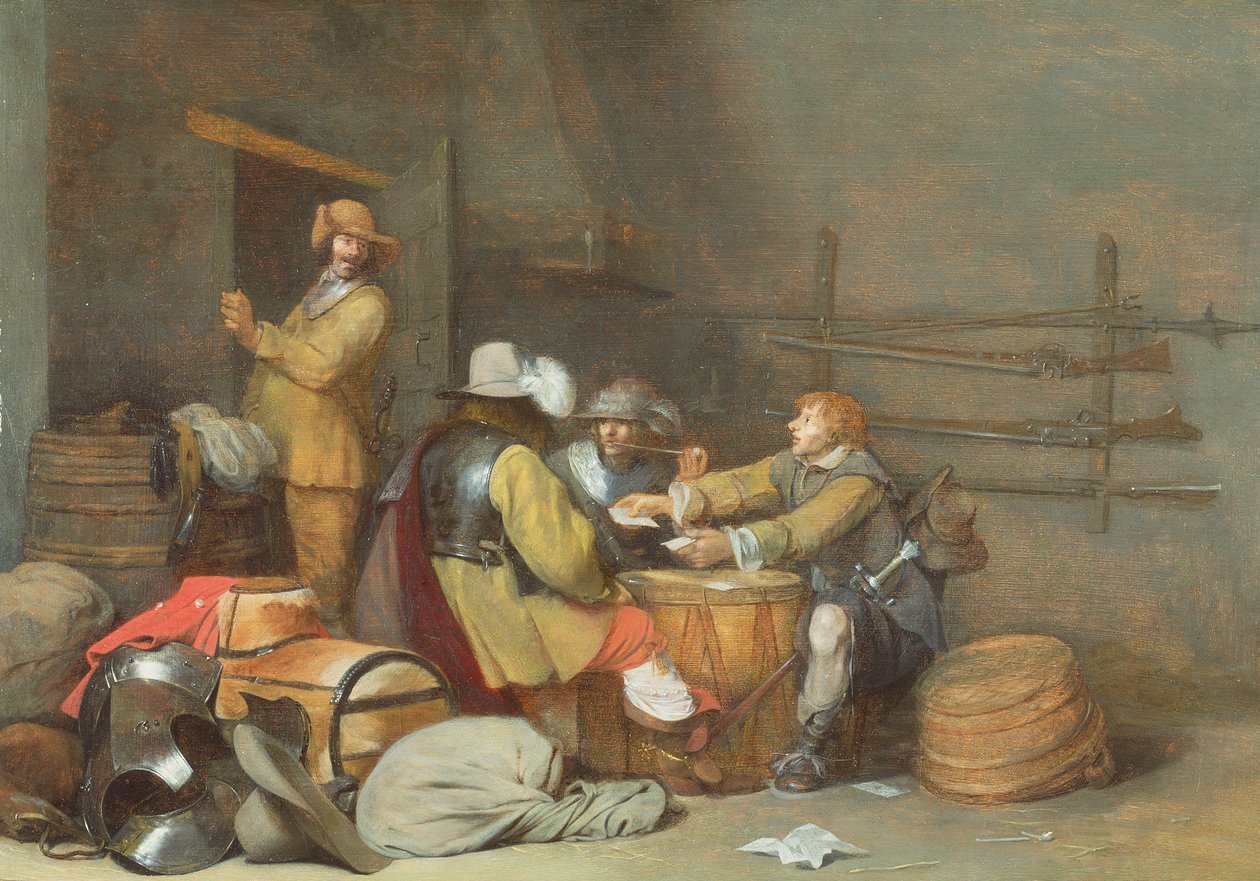Sotilaat pelaavat korttia vartiohuoneessa tekijältä Gerard ter Borch