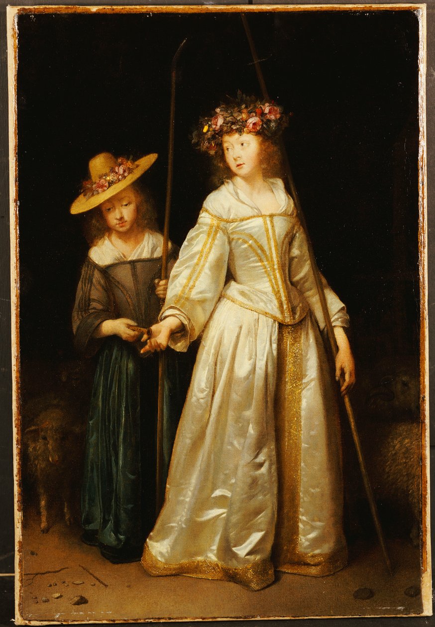 Taiteilijan sisarpuoli, ja hänen nuorempi sisarensa Catharina antoi hänelle huilun, 1651 tekijältä Gerard ter Borch