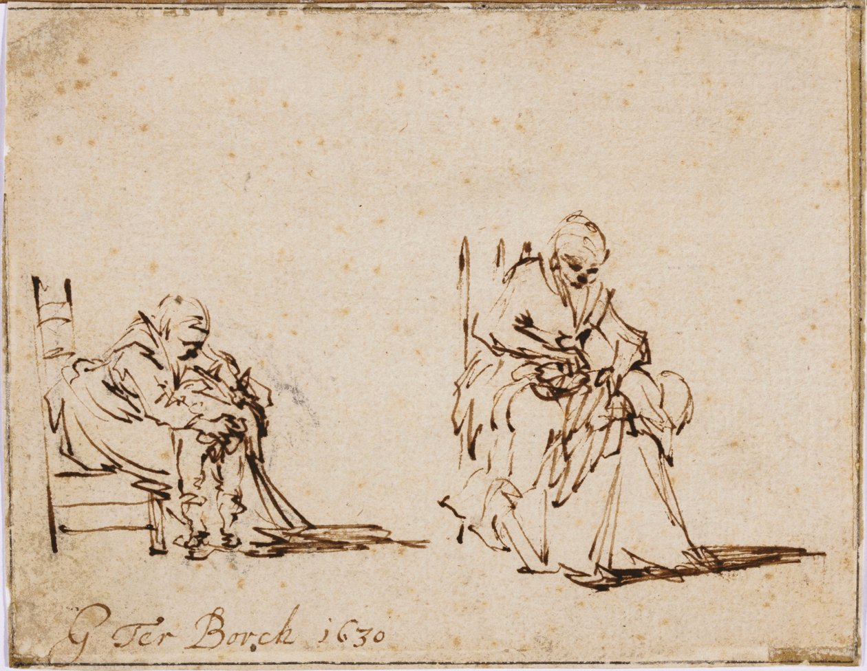 Kaksi tutkimusta naisesta, joka pesee lasta tekijältä Gerard ter Borch