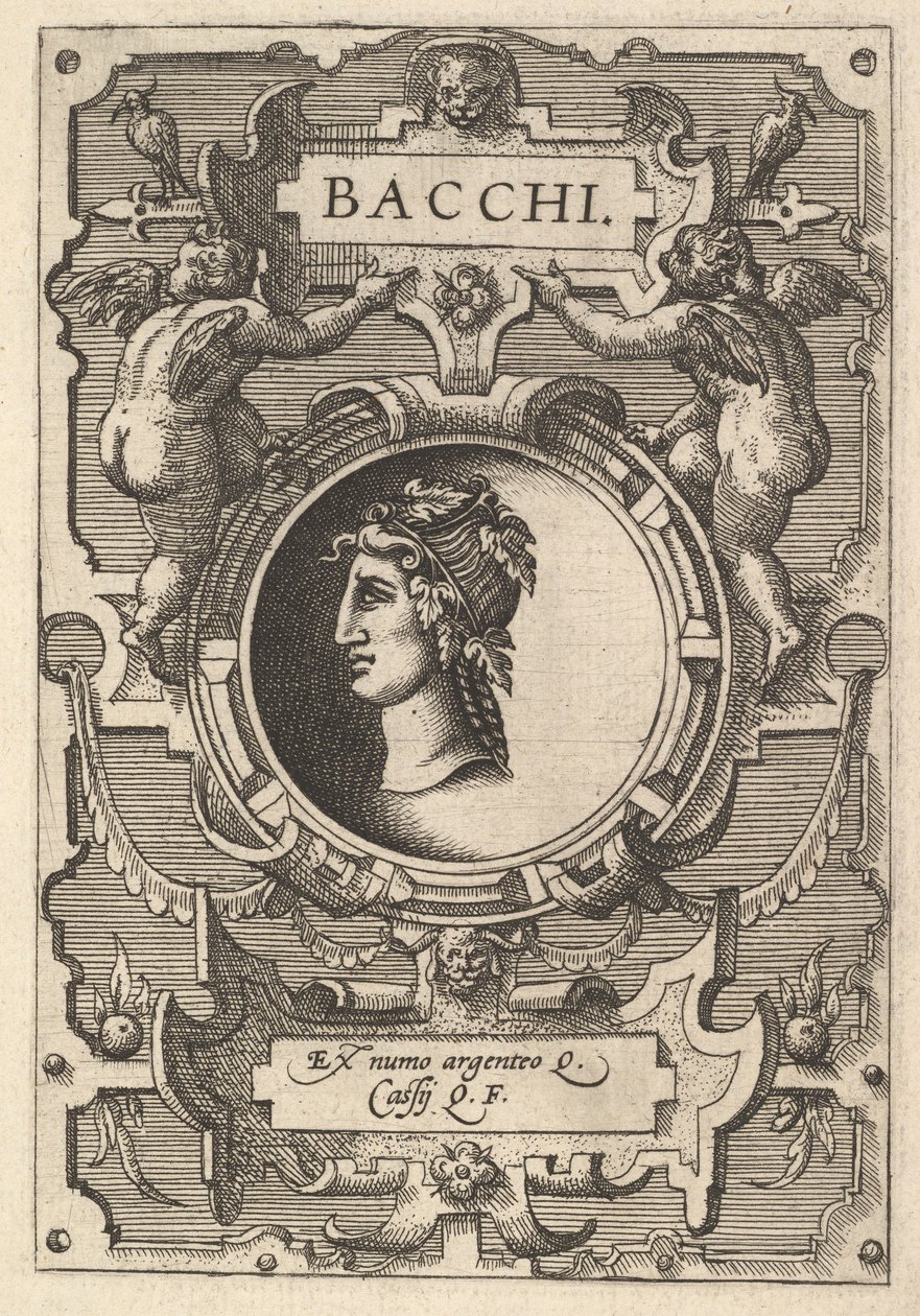 Bacchuksen rintakuva, jota ympäröi nauhanauha, sarjasta Deorum dearumque, kuvasarja, 1573 tekijältä Gerard van Groeningen