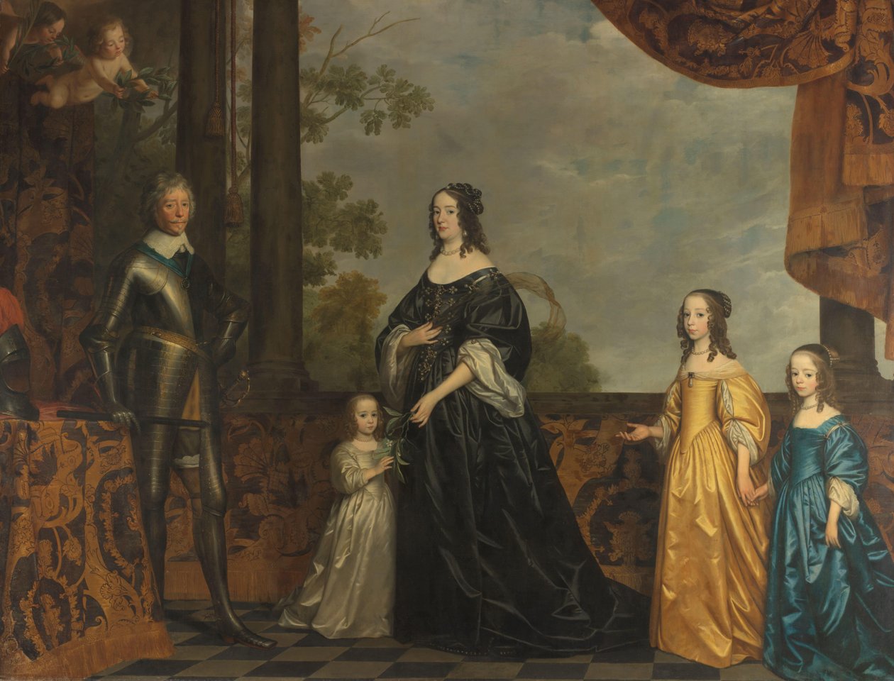 Frederick Henry, hänen puolisonsa Amalia of Solms ja heidän kolme nuorinta tytärtään Muotokuva Frederik Hendrikistä (1584-1647), Orangen prinssistä, hänen vaimostaan Amalia van Solmsista (1602-1675) ja heidän kolmesta nuorimmasta tyttärestään Albertina Agn tekijältä Gerard van Honthorst