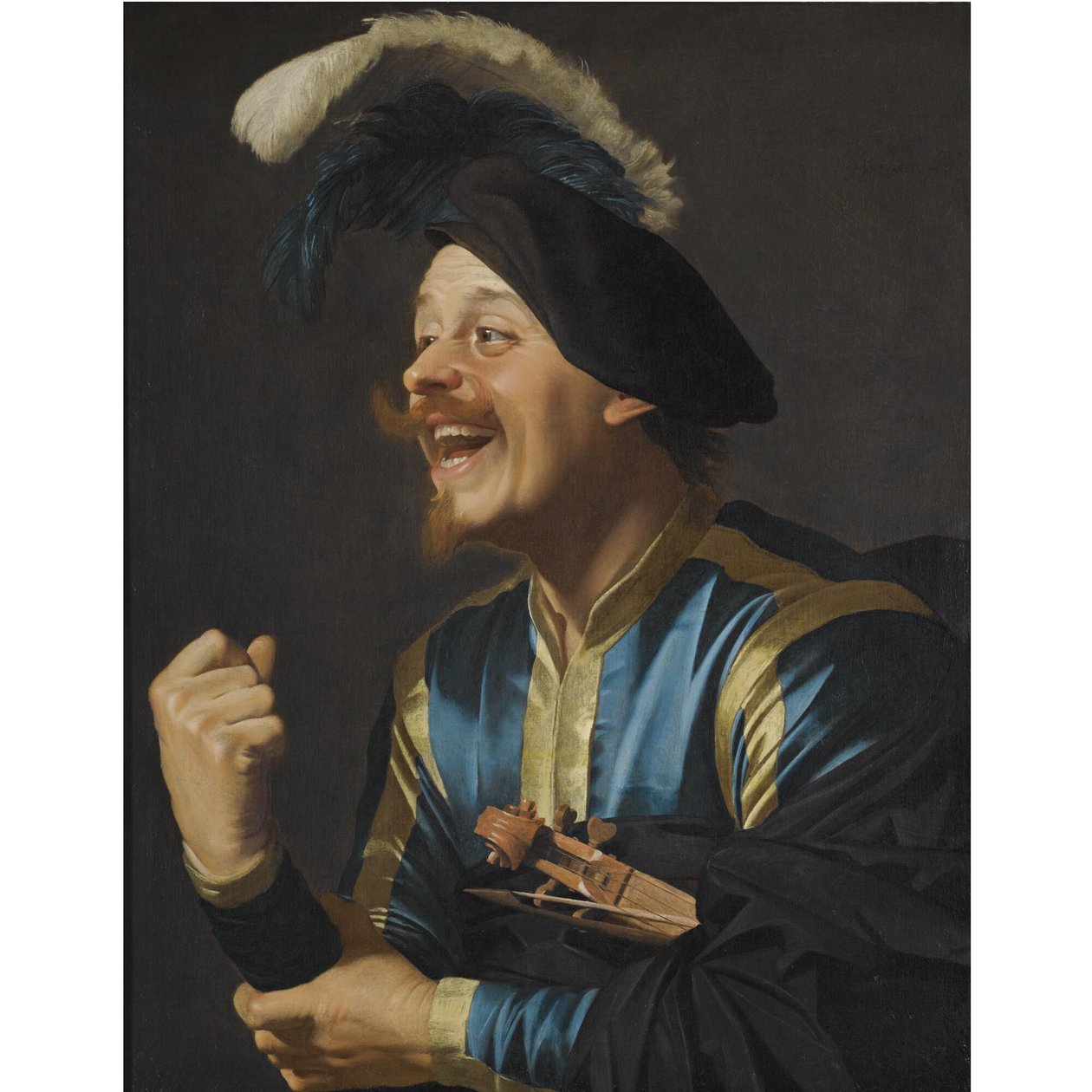 Naurava muusikko viulu kainalossaan tekijältä Gerard van Honthorst