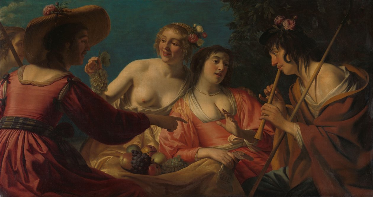Paimen, joka soittaa huilua, ja neljä paimentytärtä Huilua soittava paimen ja neljä nymfiä tekijältä Gerard van Honthorst