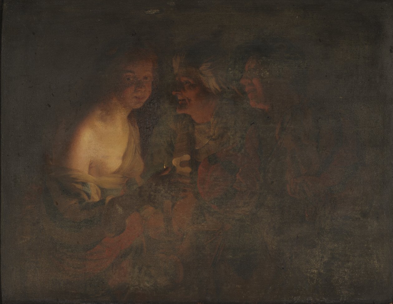 Nuori nainen kynttilänjalalla, vanha nainen ja viulunsoittaja tekijältä Gerard van Honthorst
