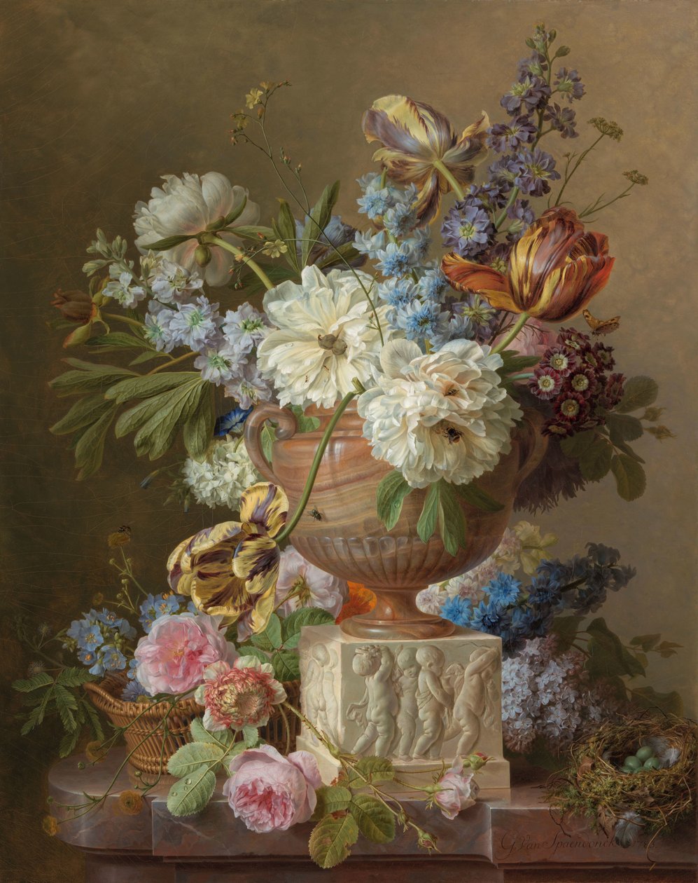Kukka-asetelma alabasterimaljakon kanssa tekijältä Gerard van Spaendonck (signed by artist)
