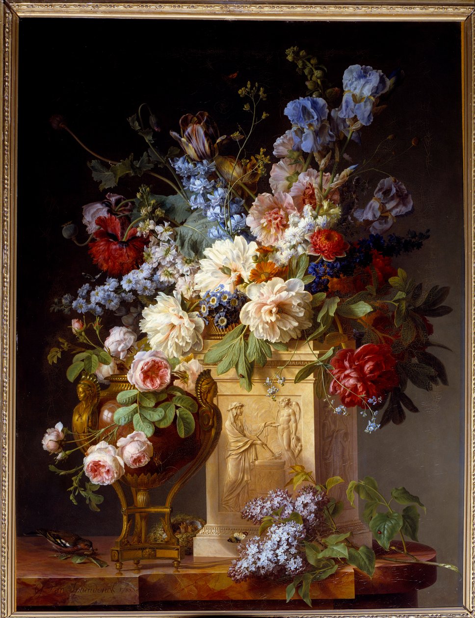 Kori ja kukkamaljakko. Gerard De Spaendonckin (1746-1822) maalaus tekijältä Gerard van Spaendonck