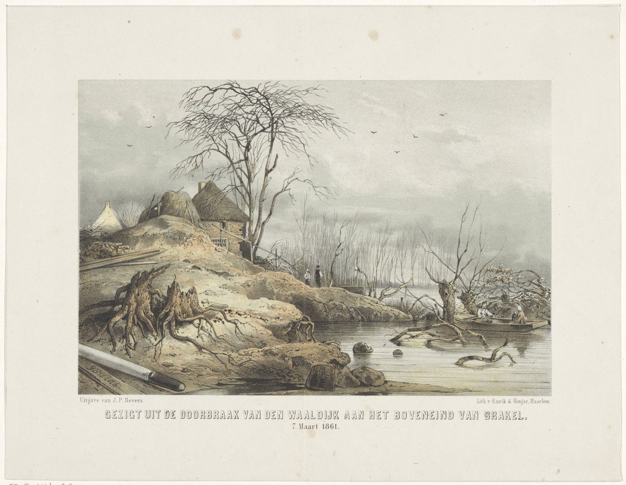 Waaldijkin läpimurto Näkymä den Waaldijkin läpimurrosta Brakelin huipulla 7. maaliskuuta 1801 (otsikko esineessä) tekijältä Gerardus Johannes Bos