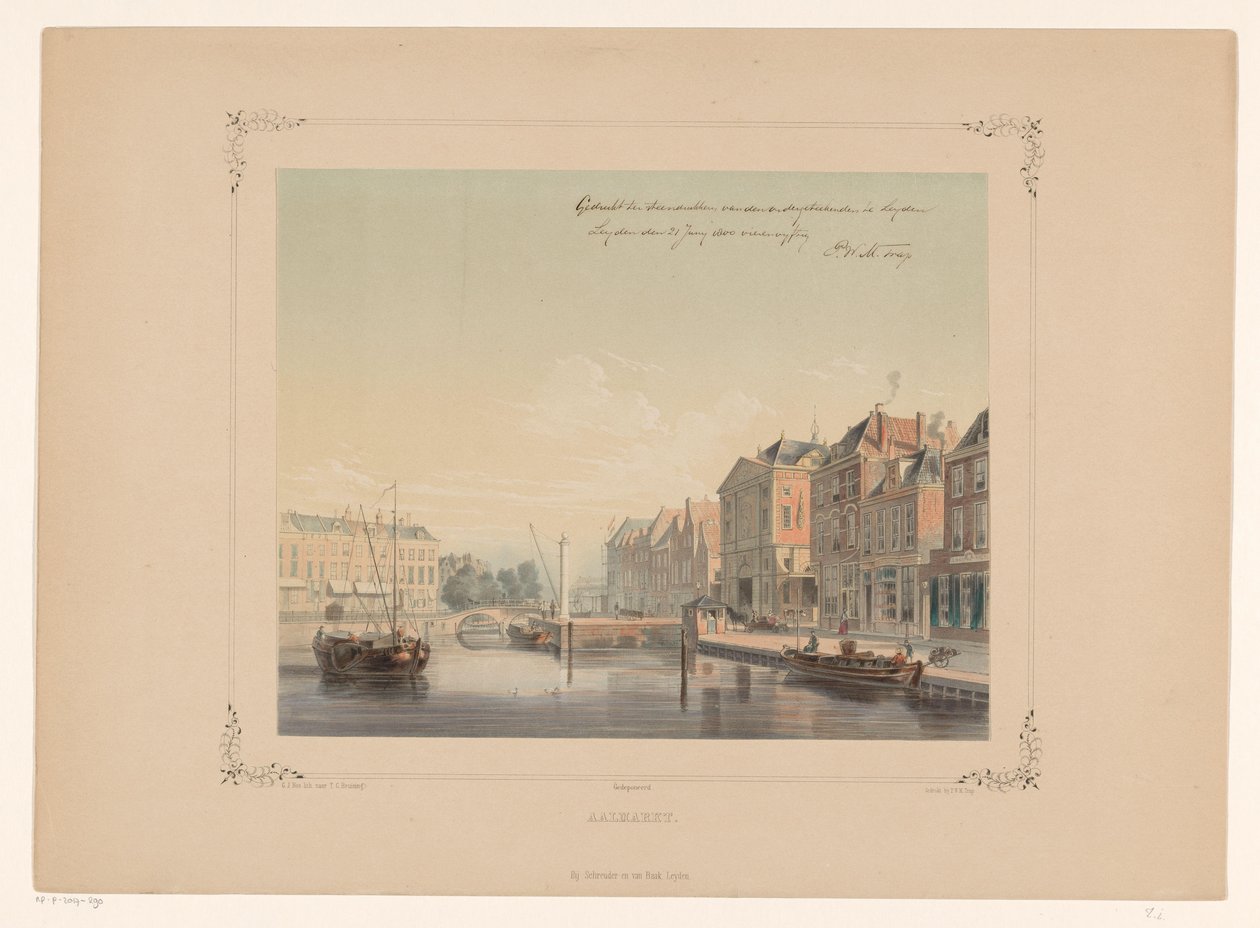 Gezicht op de Aalmarkt te Leiden Aalmarkt (title on object) tekijältä Gerardus Johannes Bos