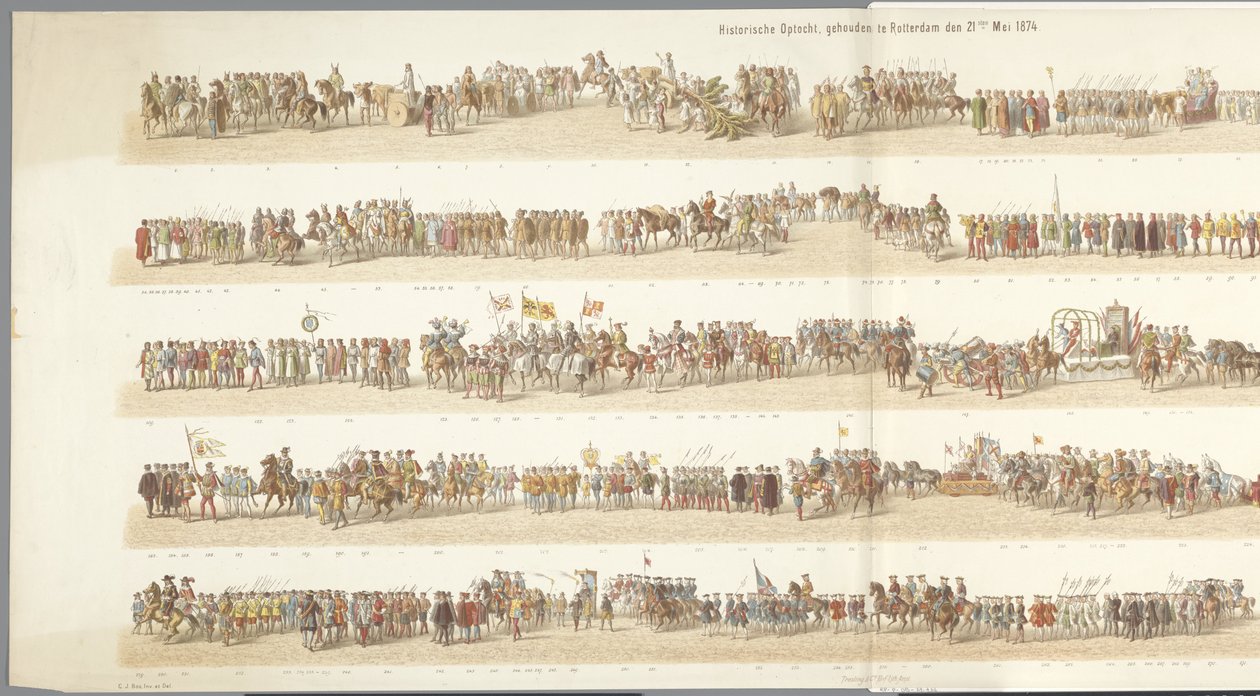 Historiallinen paraati Rotterdamissa Historiallinen kulkue, pidetty Rotterdamissa 21. toukokuuta 1874 (esineessä oleva otsikko) tekijältä Gerardus Johannes Bos