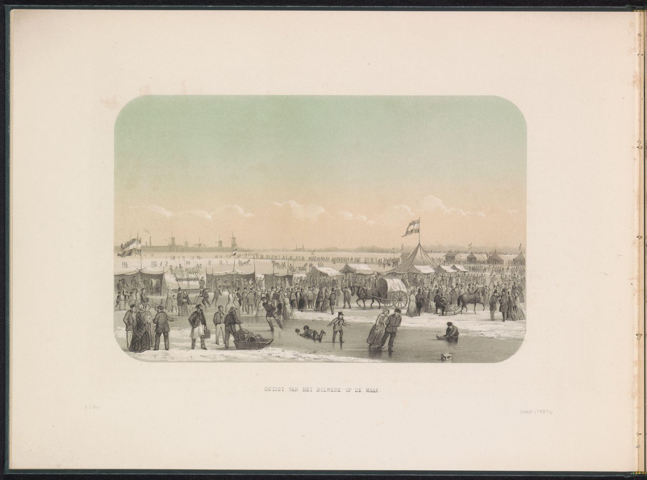 Jääviihdettä Maasilla Rotterdamissa linnoituksesta katsottuna, 1855 Näkymä Maasin linnakkeesta (nimi esineessä) Jääviihdettä Maasilla Rotterdamissa helmikuussa 1855 kuvatekstein (sarjan nimi esineellä) tekijältä Gerardus Johannes Bos