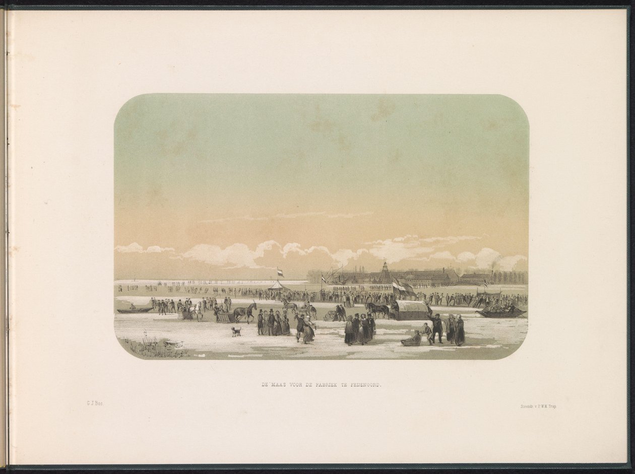 Jääviihdettä Maasilla Rotterdamissa, kaukaisuudessa Feijenoordin tehdas, 1855 Maas Feijenoordin tehtaan edessä (otsikko esineessä) Jääviihdettä Maasilla Rotterdamissa helmikuussa 1855 kuvatekstein (sarjan nimi esineellä) tekijältä Gerardus Johannes Bos