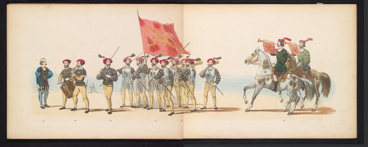 Leidenin opiskelijoiden naamiaiset, 1855 (levy 12) Leidenin opiskelijakunnan jäsenten pukukulkue 12. kesäkuuta 1855 Leidsche Hoogeschool -koulun 280-vuotisjuhlan kunniaksi, ja se kuvaa Kaarle V:n tuloa tekijältä Gerardus Johannes Bos