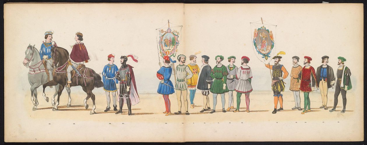 Leidenin opiskelijoiden naamiaiset, 1855 (levy 13) Leidenin opiskelijakunnan jäsenten pukukulkue 12. kesäkuuta 1855 Leidsche Hoogeschool -koulun 280-vuotisjuhlan kunniaksi, ja se kuvaa Kaarle V:n tuloa tekijältä Gerardus Johannes Bos