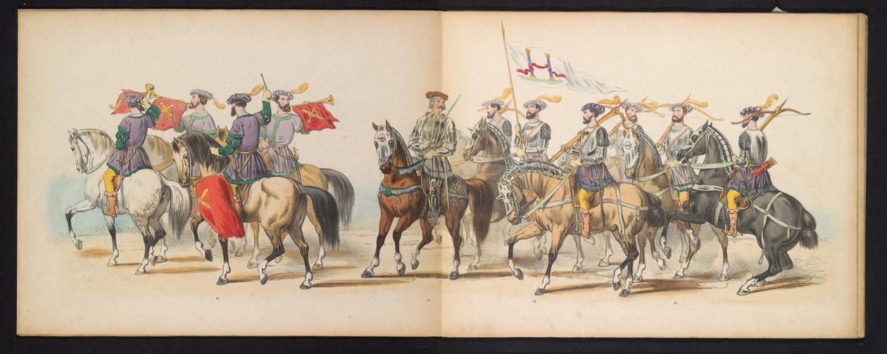 Leidenin opiskelijoiden naamiaiset, 1855 (levy 6) Leidenin opiskelijakunnan jäsenten pukukulkue 12. kesäkuuta 1855 Leidsche Hoogeschool -koulun 280-vuotisjuhlan kunniaksi, ja se kuvaa Kaarle V:n tuloa tekijältä Gerardus Johannes Bos