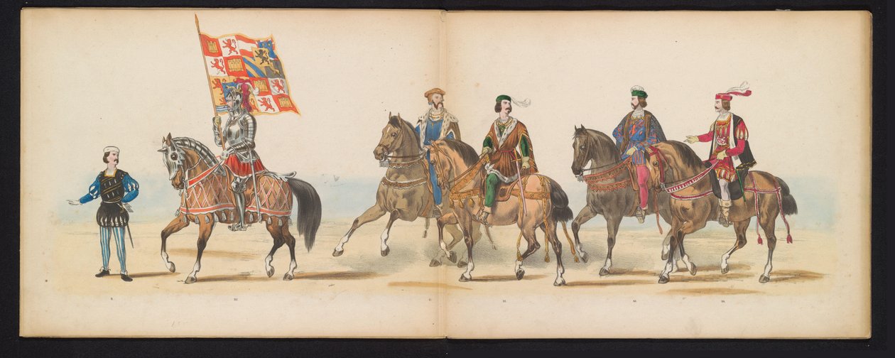 Leidenin opiskelijoiden naamiaiset, 1855 (levy 7) Leidenin opiskelijakunnan jäsenten pukukulkue 12. kesäkuuta 1855 Leidsche Hoogeschool -koulun 280-vuotisjuhlan kunniaksi, ja se kuvaa Kaarle V:n tuloa tekijältä Gerardus Johannes Bos