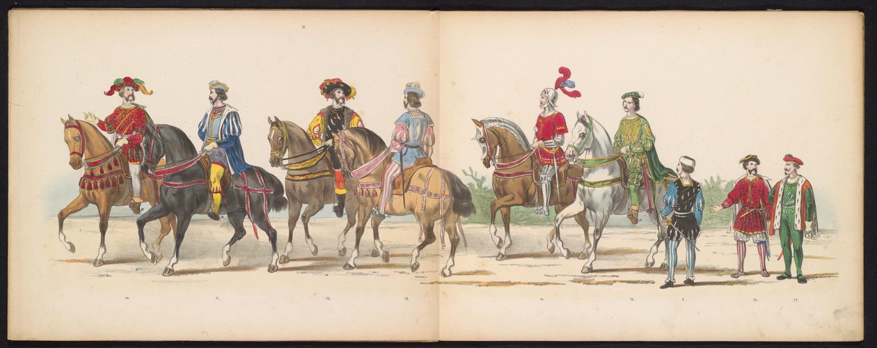Leidenin opiskelijoiden naamiaiset, 1855 (levy 9) Leidenin opiskelijakunnan jäsenten pukukulkue 12. kesäkuuta 1855 Leidsche Hoogeschool -koulun 280-vuotisjuhlan kunniaksi, ja se kuvaa Kaarle V:n tuloa tekijältä Gerardus Johannes Bos
