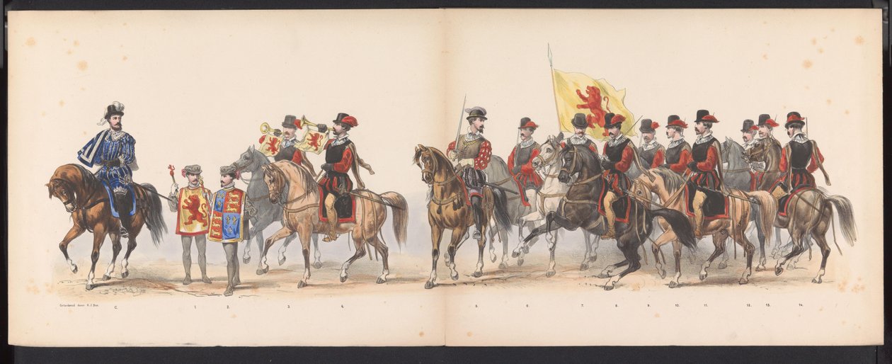 Leidenin opiskelijoiden naamiaiset, 1870 (levy 1) Leidenin opiskelijakunnan jäsenten pukukulkue 7. kesäkuuta 1870 Leidsche Hoogeschool -koulun 295-vuotisjuhlan kunniaksi. tekijältä Gerardus Johannes Bos