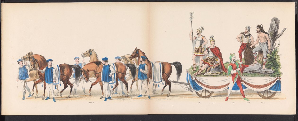Leidenin opiskelijoiden naamiaiset, 1870 (levy 15) Leidenin opiskelijakunnan jäsenten pukukulkue 7. kesäkuuta 1870 Leidsche Hoogeschool -koulun 295-vuotisjuhlan kunniaksi, ja se kuvaa vierailua Leideniin tekijältä Gerardus Johannes Bos