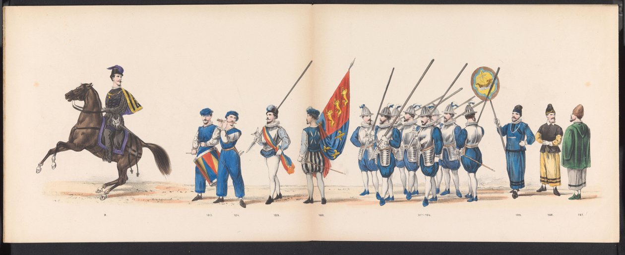 Leidenin opiskelijoiden naamiaiset, 1870 (levy 16) Leidenin opiskelijakunnan jäsenten pukukulkue 7. kesäkuuta 1870 Leidsche Hoogeschool -koulun 295-vuotisjuhlan kunniaksi, ja se kuvaa vierailua Leideniin tekijältä Gerardus Johannes Bos