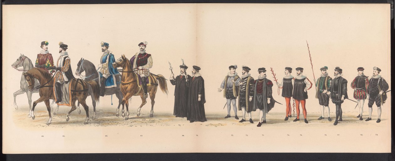 Leidenin opiskelijoiden naamiaiset, 1870 (levy 6) Leidenin opiskelijakunnan jäsenten pukukulkue 7. kesäkuuta 1870 Leidsche Hoogeschool -koulun 295-vuotisjuhlan kunniaksi, ja se kuvaa vierailua Leideniin tekijältä Gerardus Johannes Bos