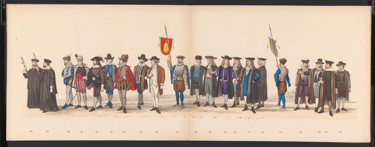 Leidenin opiskelijoiden naamiaiset, 1875 (levy 8) Leidenin ylioppilaskunnan jäsenten pitämä naamiainen 15. kesäkuuta 1875 Leidsche Hoogeschoolin 300-vuotisjuhlan kunniaksi, joka kuvaa Leidsche Hoogeschoolia, joka on kuvattu tekijältä Gerardus Johannes Bos