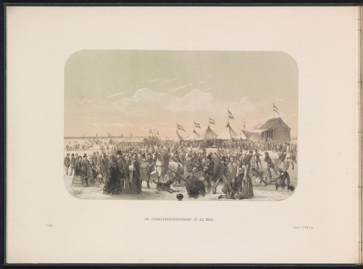 Luistelu Maasilla Rotterdamissa, 1855 Luistinrata Maasilla (otsikko esineessä) Jääviihdettä Maasilla Rotterdamissa helmikuussa 1855 kuvatekstein (sarjan nimi esineellä) tekijältä Gerardus Johannes Bos