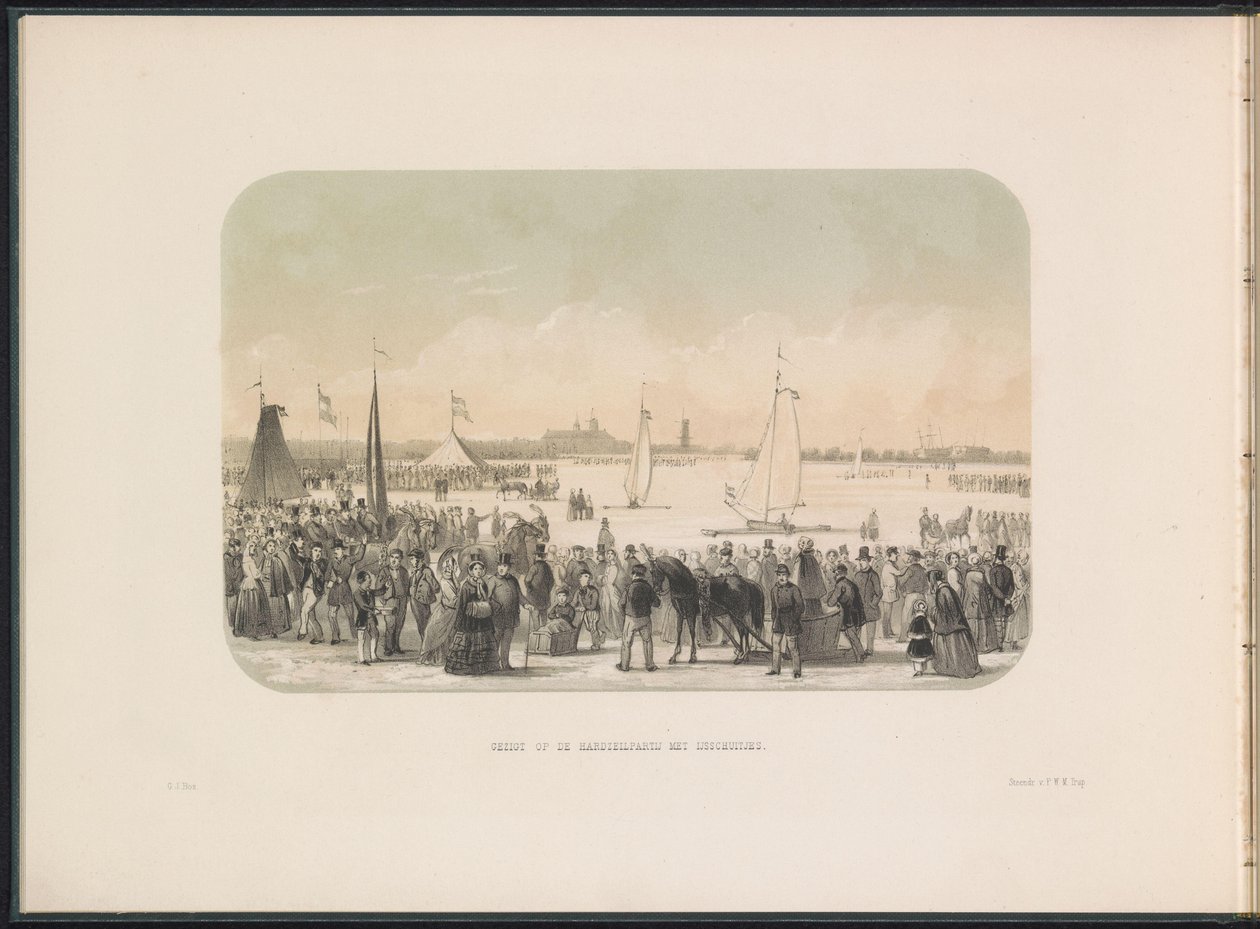 Kilpailu jääpurjeveneistä Maasilla Rotterdamissa, 1855 Näkymä hardsail-juhlille jääveneineen (otsikko esineessä) Jääviihdettä Maasilla Rotterdamissa helmikuussa 1855 kuvatekstein (sarjan nimi esineellä) tekijältä Gerardus Johannes Bos