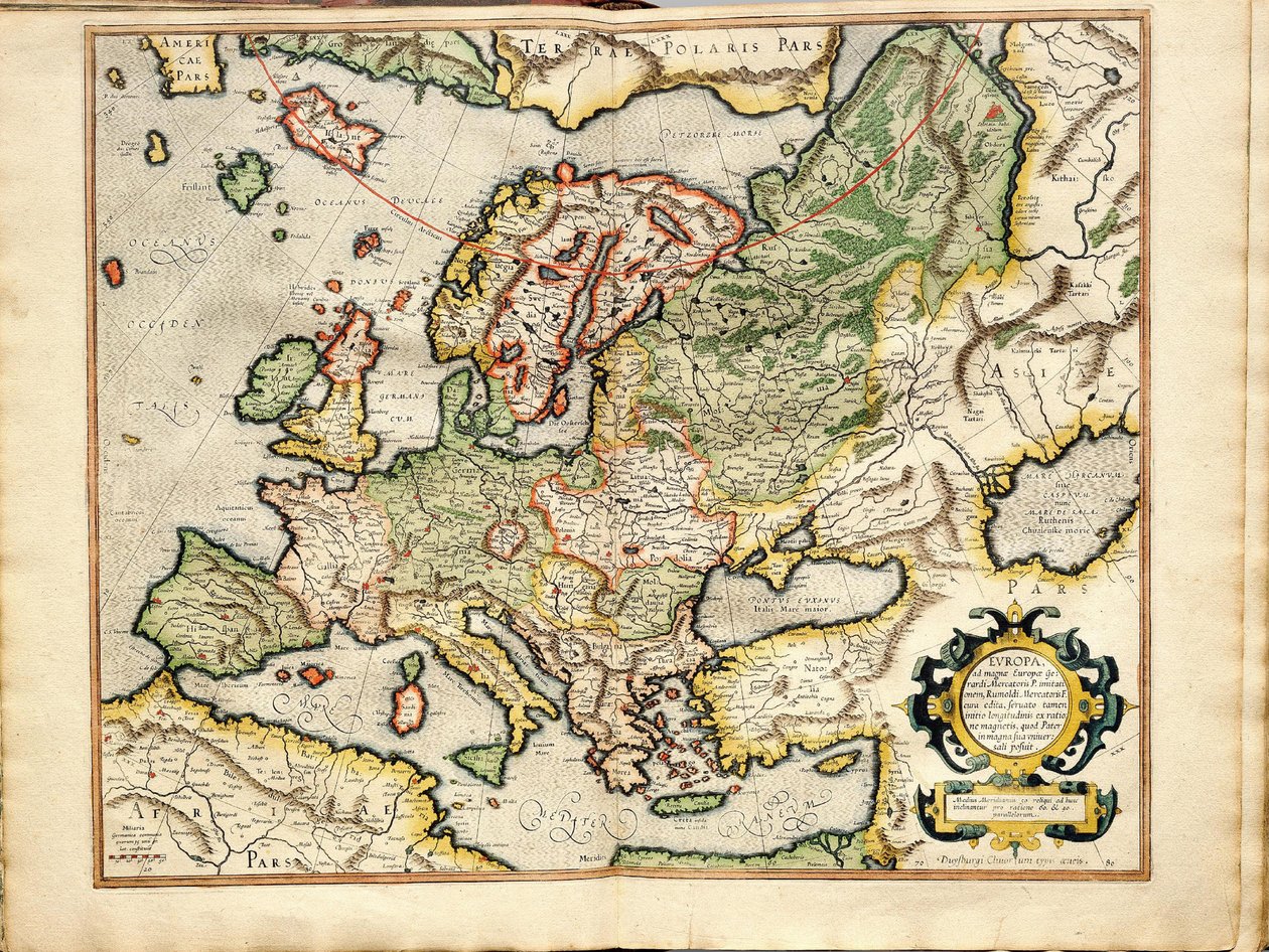 Atlas eli kosmografiset meditaatiot maailmasta ja muokattu Fugura Euroopasta: Liivinmaa, Venäjä tekijältä Gerardus Mercator