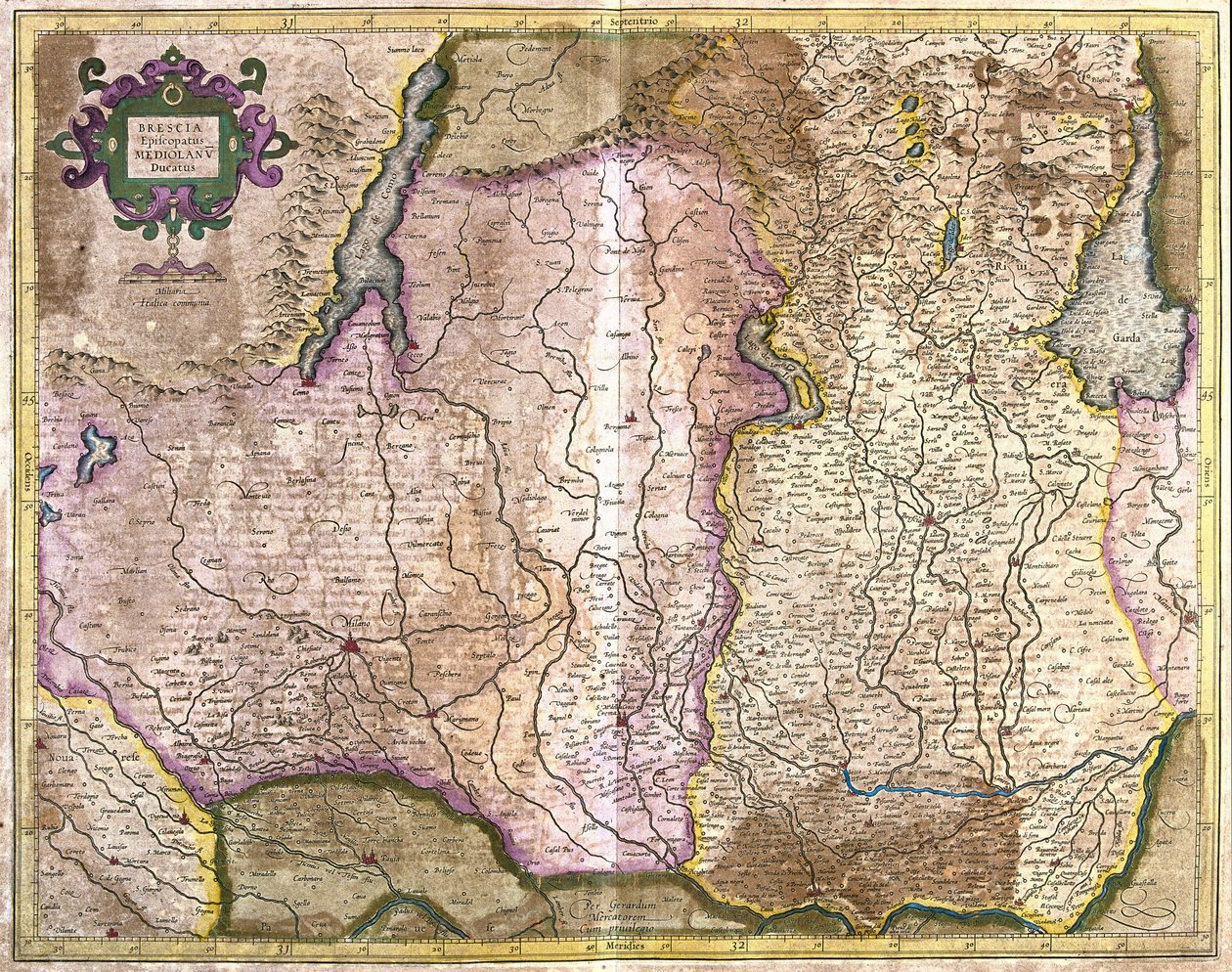 Brescia ja Milano, Italia (kaiverrus tekijältä Gerardus Mercator