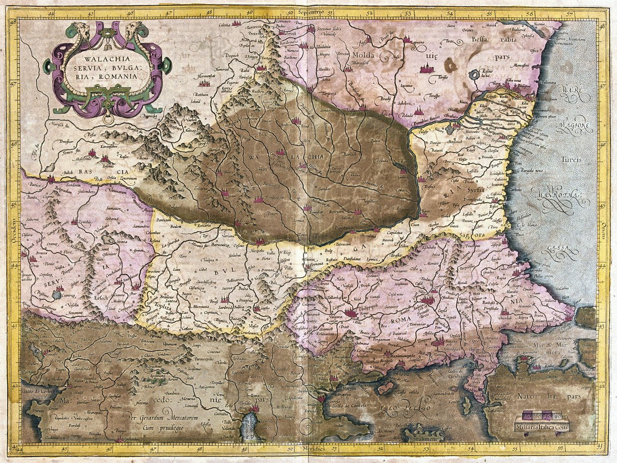 Bulgaria ja Romania (kaiverrus tekijältä Gerardus Mercator