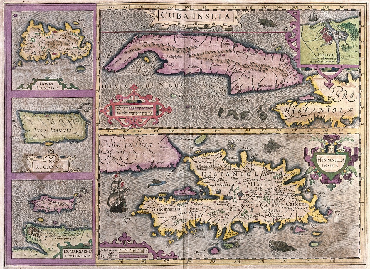 Kuuba, Jamaika, Haiti, Puerto Rico (Karibia) (kaiverrus tekijältä Gerardus Mercator