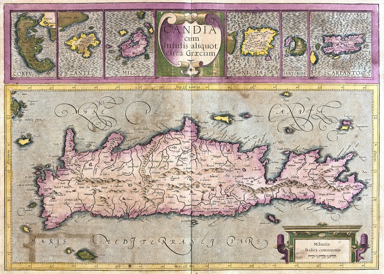 Kypros ja Kreikka saaret (Korfu, Zante, Milo, Santorini, Karpathos) (kaiverrus tekijältä Gerardus Mercator