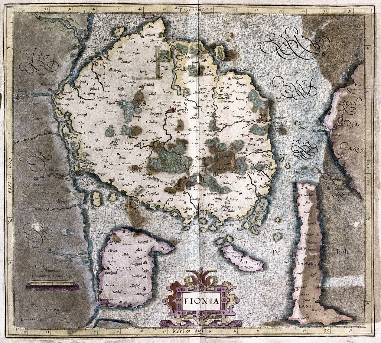 Tanska (Langelandin saari Odensen kanssa) (kaiverrus tekijältä Gerardus Mercator