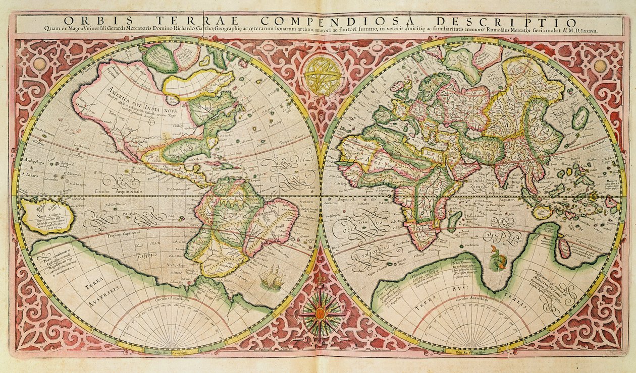Kaksoispallon maailmankartta, 1587 tekijältä Gerardus Mercator