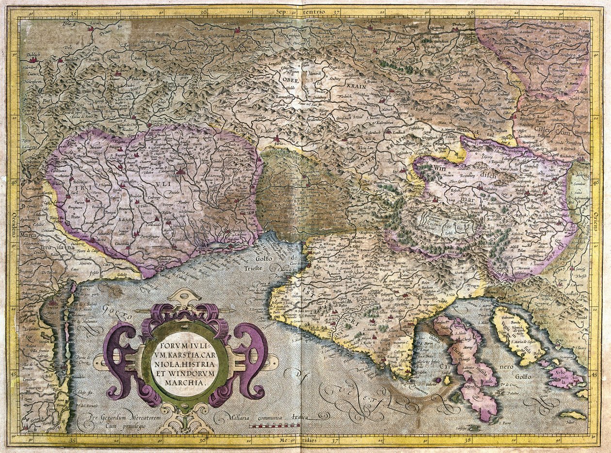 Friuli, Italia - Slovenia (Istria) Triestenlahden ja Balkanin kanssa (kaiverrus tekijältä Gerardus Mercator