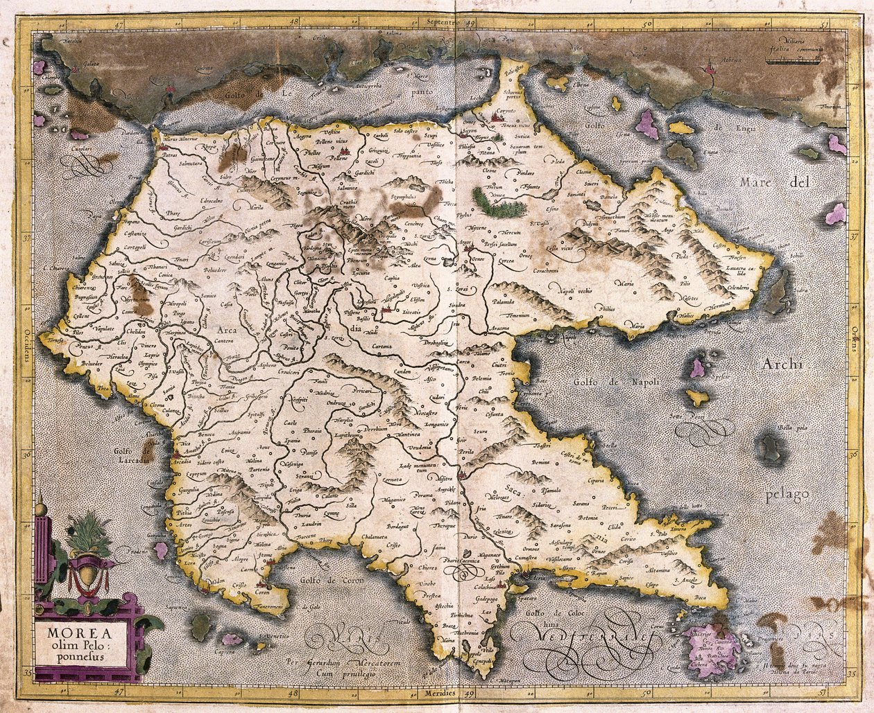 Kreikka ja Peloponnesos (kaiverrus tekijältä Gerardus Mercator