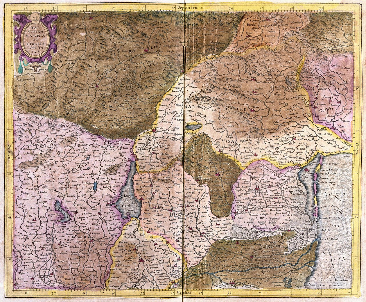 Venetsianlahdelta Tiroliin, jonka keskipisteenä ovat Lago di Garda ja Verona, Italia (kaiverrus tekijältä Gerardus Mercator
