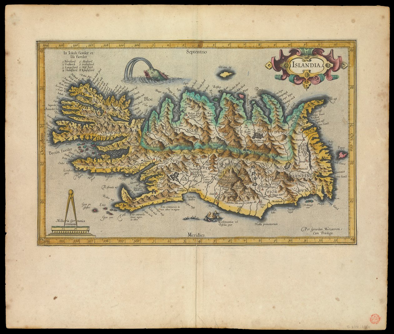 Islandia, Per Gerardum Mercatorem cum privilegio, noin 1595 (tussi, akvarelli, kaiverrus, paperi). tekijältä Gerardus Mercator