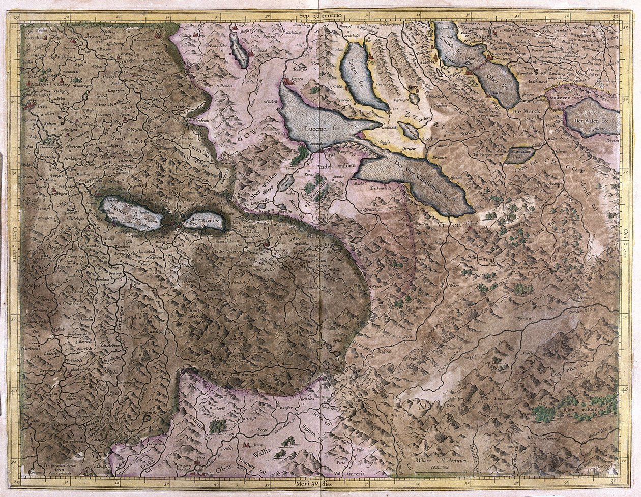 Järvet Sveitsissä (kaiverrus tekijältä Gerardus Mercator