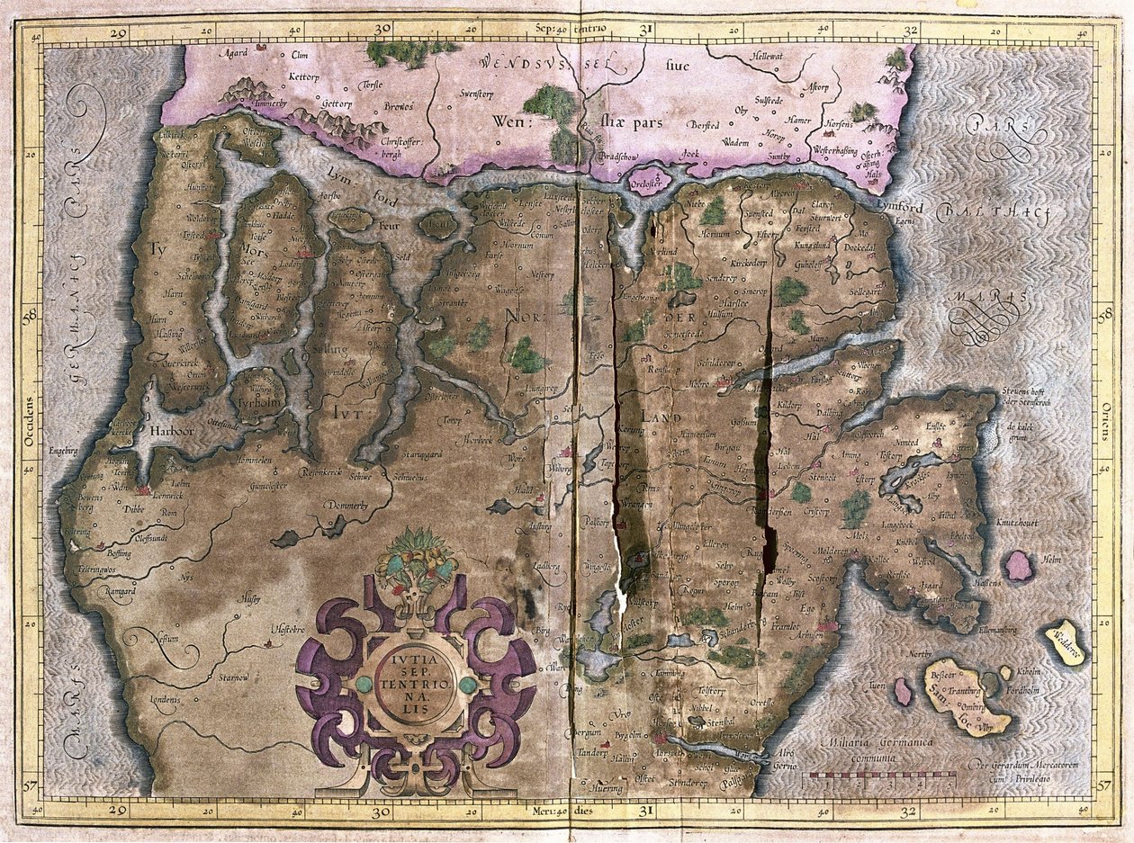 Jyllannin pohjoisosa, Skandinavia (kaiverrus tekijältä Gerardus Mercator
