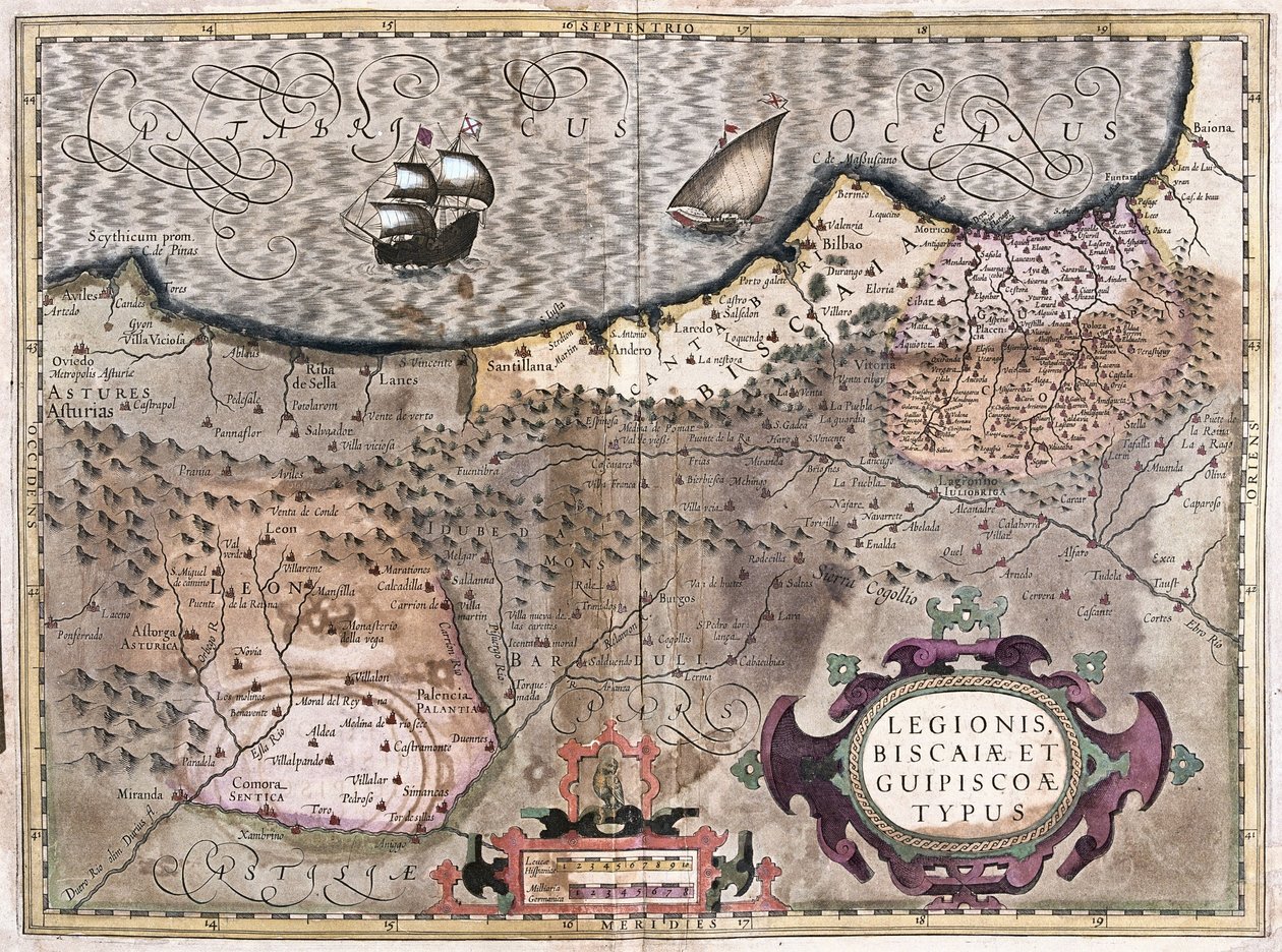 Oviedo, Burgos, Bilbao, Bayonne (Asturias), Espanja (kaiverrus tekijältä Gerardus Mercator