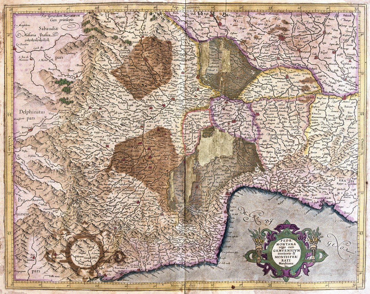 Piemond, Genova ja Montserrat (kaiverrus tekijältä Gerardus Mercator