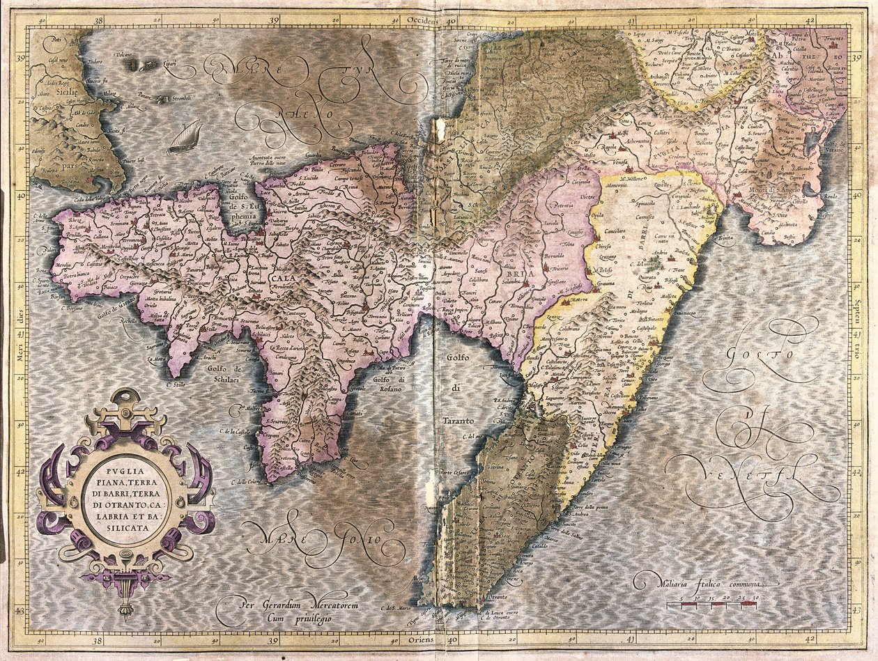 Puglia, Calabria ja Basilicata, Italia (kaiverrus tekijältä Gerardus Mercator