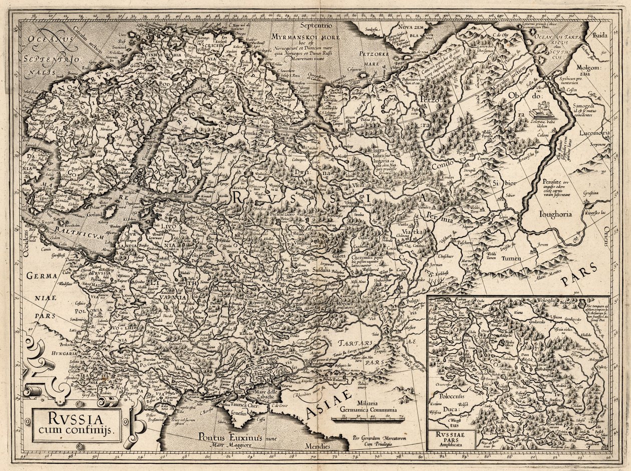 Venäjä cum Confinijs. Venäjän kartta, 1587. tekijältä Gerardus Mercator