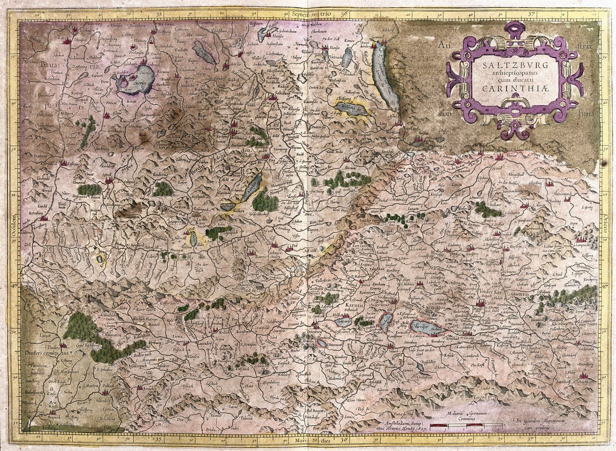 Salzburg ja Carintia, Itävalta (kaiverrus tekijältä Gerardus Mercator