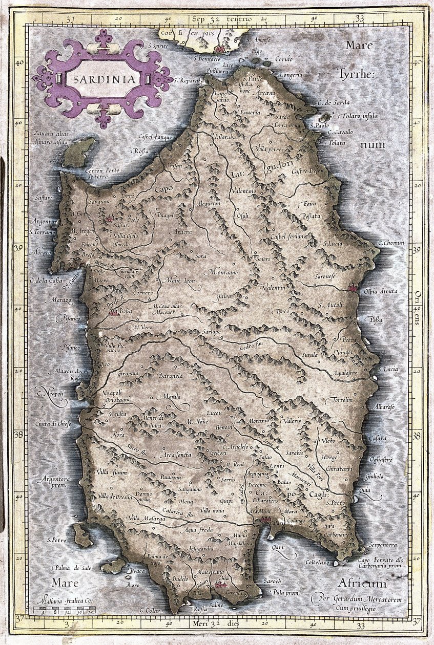 Sardinia, Italia (kaiverrus tekijältä Gerardus Mercator