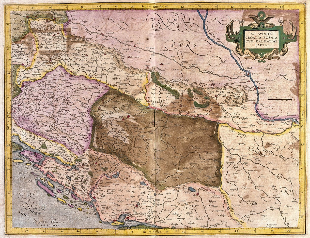 Sclavonia, Kroatia, Bosnia ja Dalmatia (kaiverrus tekijältä Gerardus Mercator