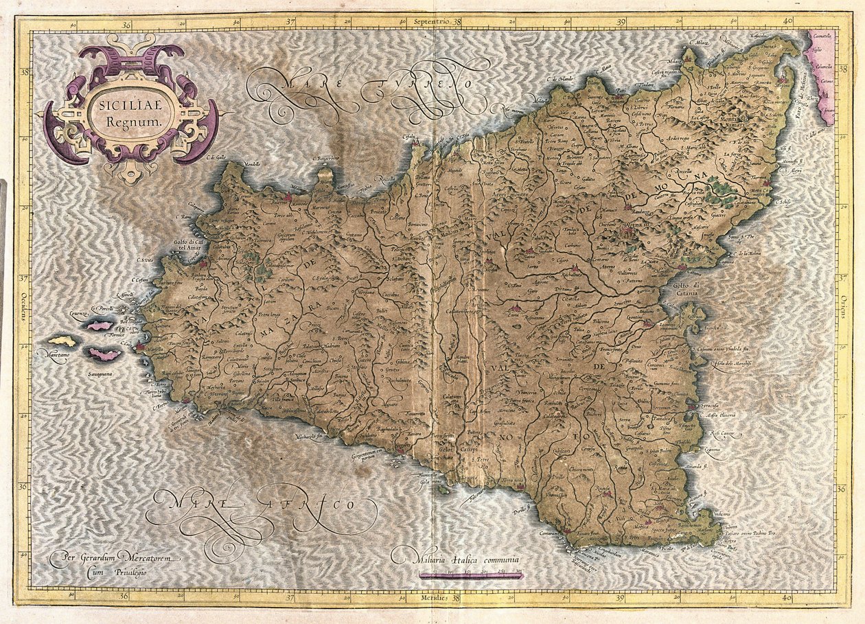 Sisilia, Italia (kaiverrus tekijältä Gerardus Mercator