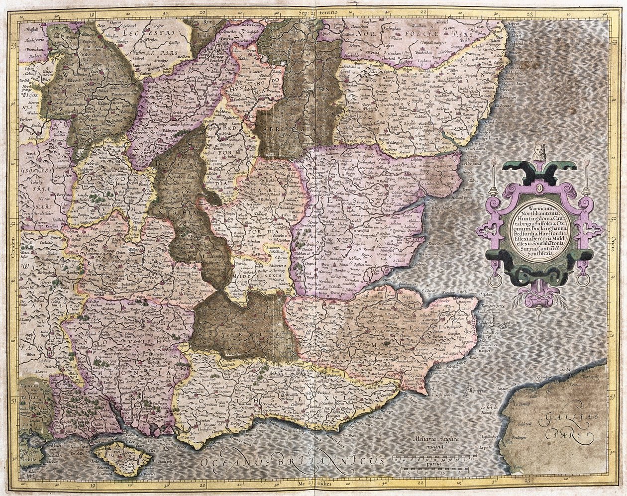 Kaakkois-Englannin alue mukaan lukien British Channel ja Lontoo (kaiverrus tekijältä Gerardus Mercator